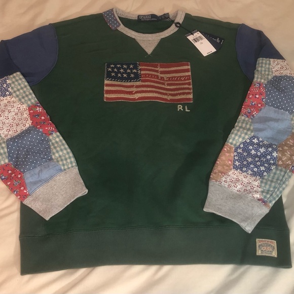 Polo Ralph Lauren Green and Blue Patchwork Crewneck Sweatshirt American flag - Picture 10 of 12